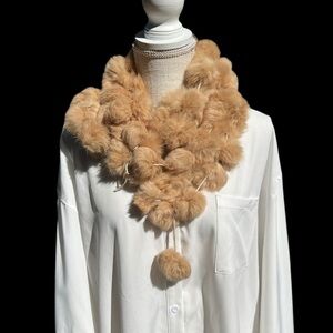 🌻Vintage Genuine Rabbit Fur Soft Warm Tan Pon Pons Scarf